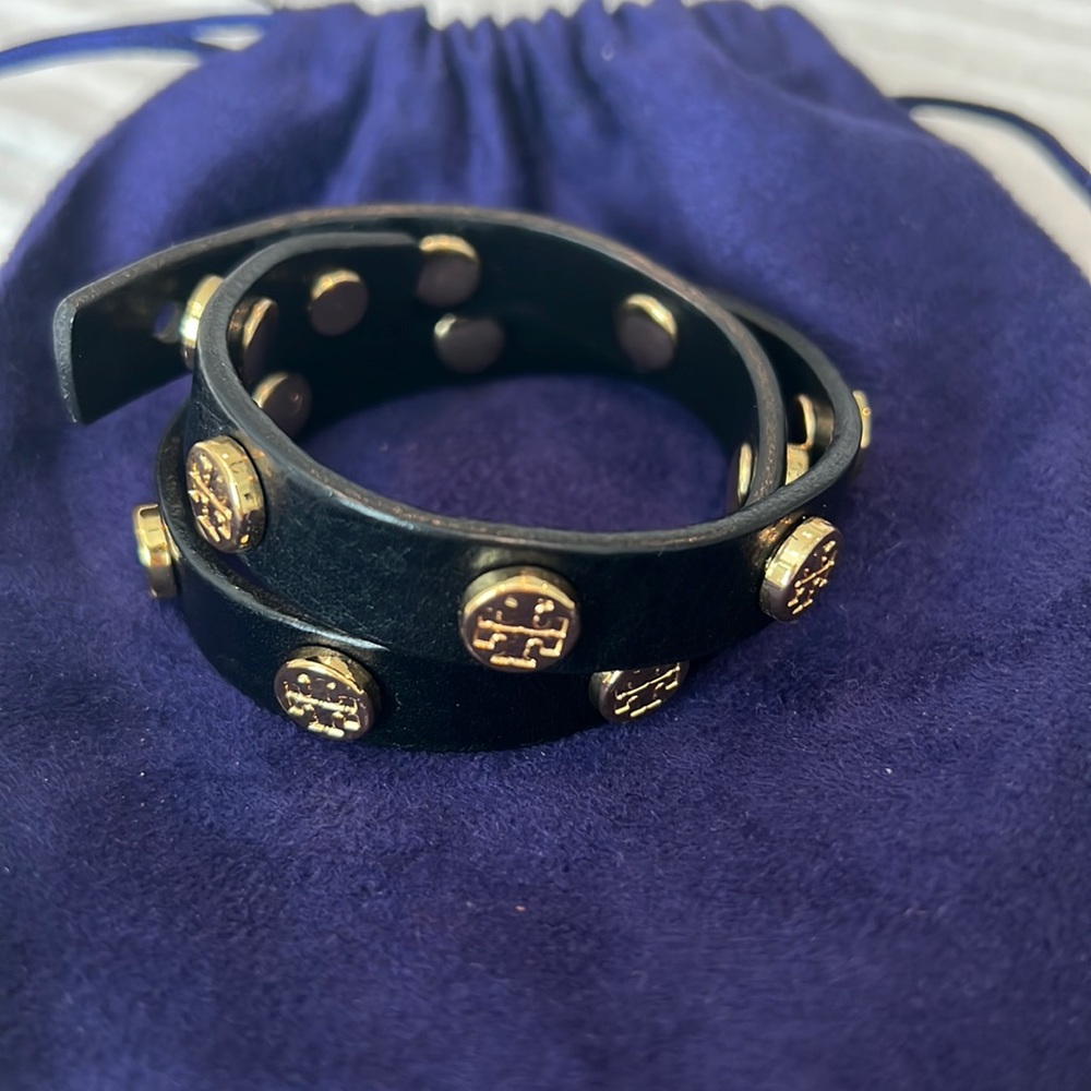 Tory Burch Black Leather Double-Wrap Bracelet with Gold Logo Studs